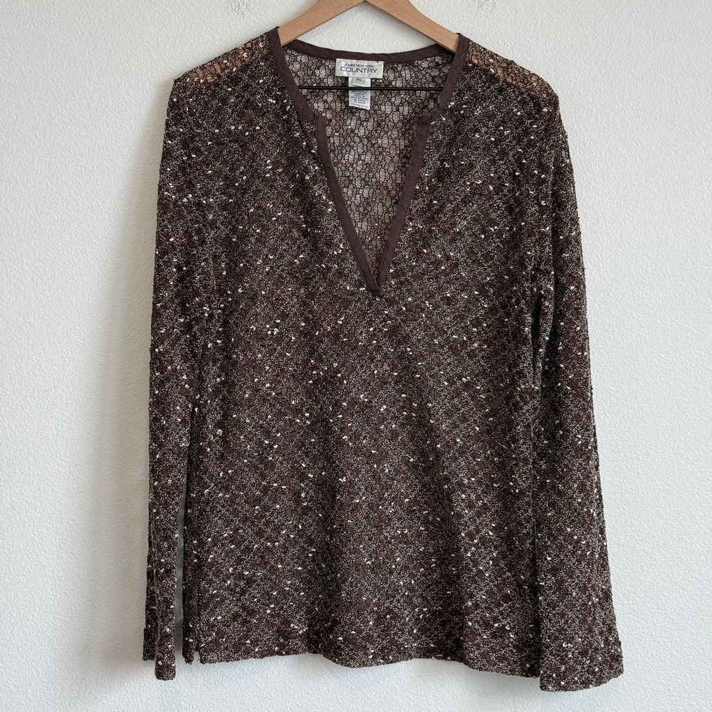 Vtg Jones New York‎ COUNTRY Crochet Knit Blouse Earthy Boho Chic Slinky Top XL